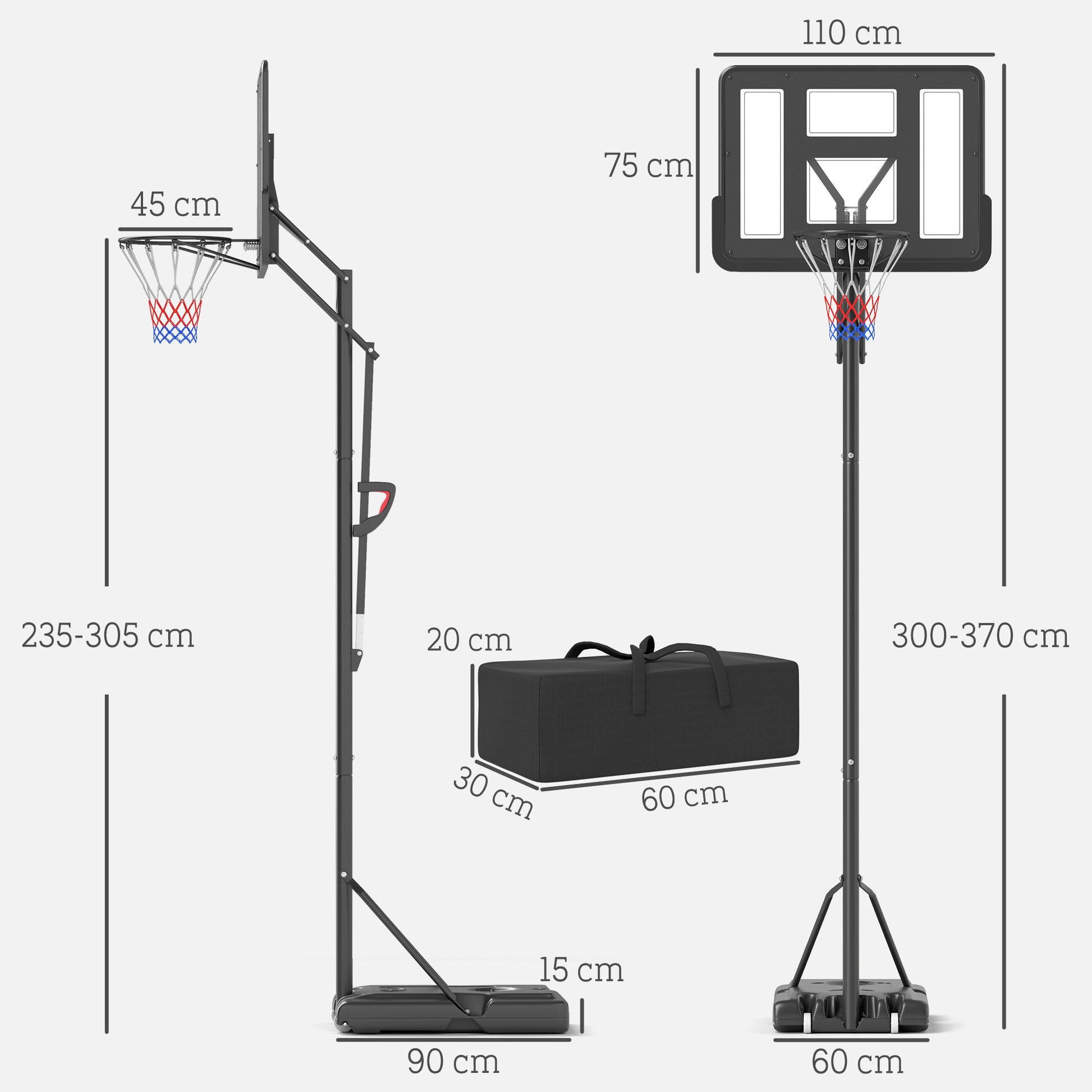 SPORTNOW Tabela de Basquetebol de Exterior com Altura Ajustável 235-305 cm Tabela de Basquetebol com Suporte Rodas Base Recarregável e Bolsa de Peso 90x60x305 cm Preto