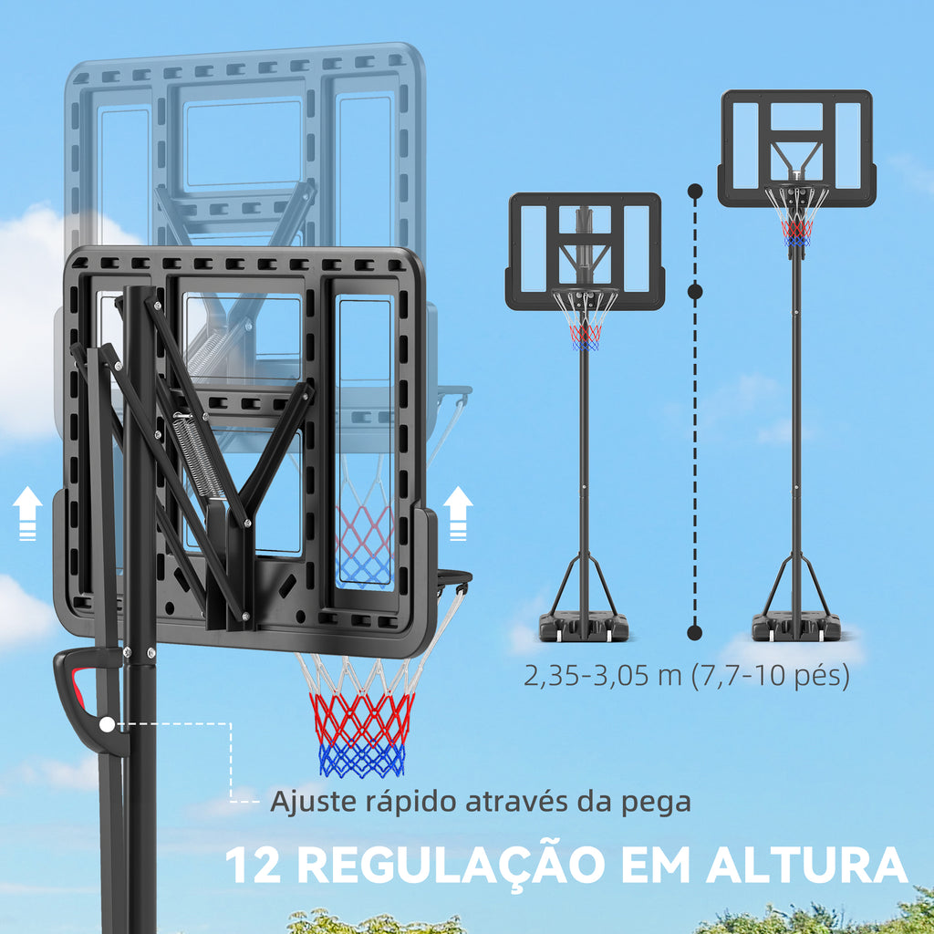 SPORTNOW Tabela de Basquetebol de Exterior com Altura Ajustável 235-305 cm Tabela de Basquetebol com Suporte Rodas Base Recarregável e Bolsa de Peso 90x60x305 cm Preto