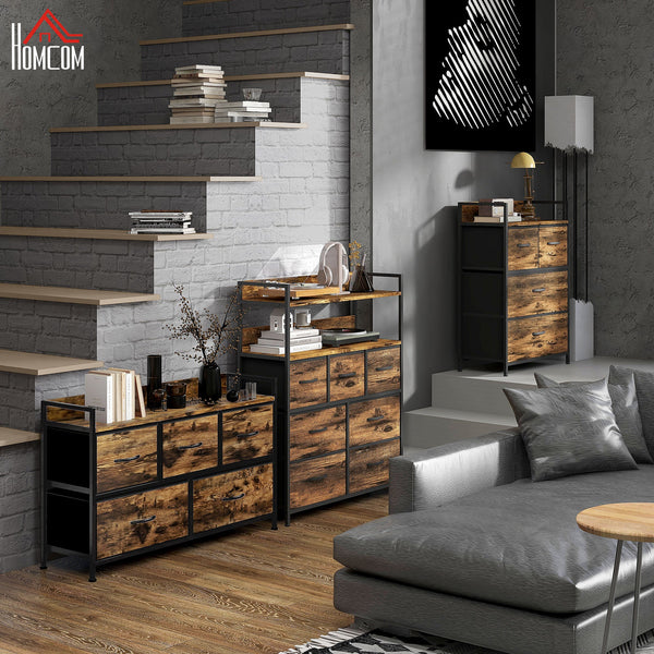 Cómoda com 5 Gavetas de Tecido Cómoda de Estilo Industrial com Estrutura Metálica para Sala de Estar Entrada Quarto 98x29x63 cm Castanho Rústico