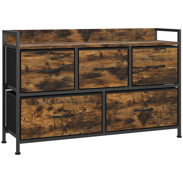 Cómoda com 5 Gavetas de Tecido Cómoda de Estilo Industrial com Estrutura Metálica para Sala de Estar Entrada Quarto 98x29x63 cm Castanho Rústico
