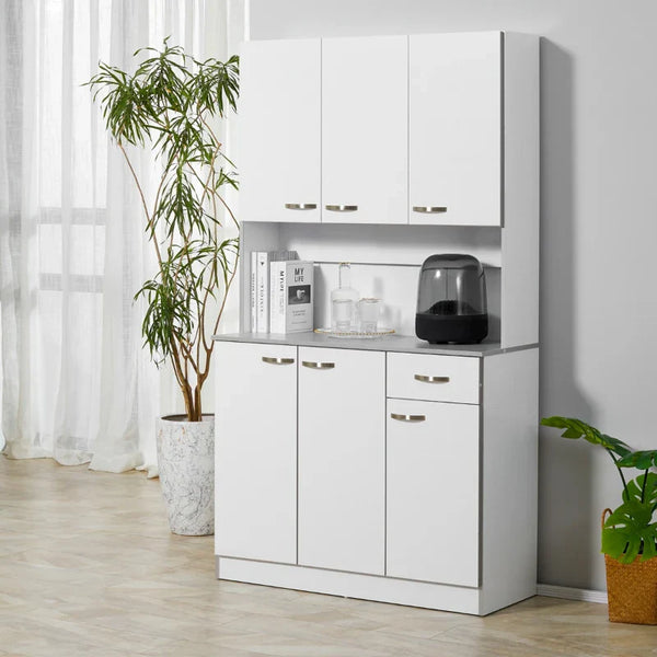 Armário de Cozinha Aparador de Sala de Jantar com 1 Gaveta 6 Portas e Prateleiras Ajustáveis Estilo Moderno 101x39x180 cm Branco