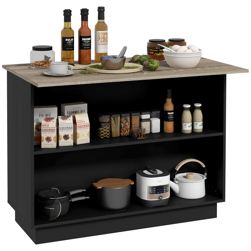 Ilha de Cozinha Móvel Auxiliar de Cozinha com 2 Prateleiras Abertas 2 Portas e Prateleiras Ajustáveis Estilo Moderno Capacidade 100 kg 105x60x82 cm Preto e Carvalho