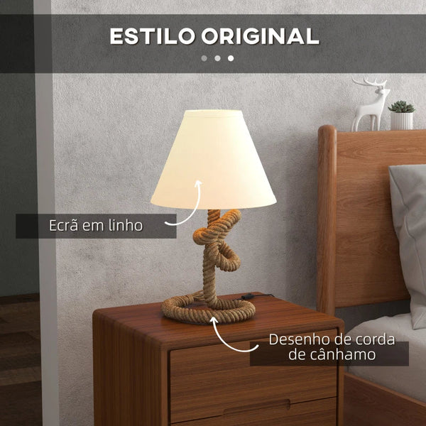 Candeeiro de Mesa LED Candeeiro de Mesa de Cabeceira com Base de Metal Corda de Linho e Ecrã de Tecido Suporte para Lâmpada E27 Máx. 40W Luzes Branco Quente para Dormitório Ø28x45,5 cm Marrom e Bege