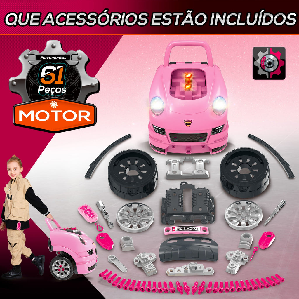 Motor de Caminhão para Crianças acima de 3 Anos Conjunto de Motor de Brinquedo com 61 Peças Volante Buzina Faróis Caixa de Armazenamento e Rodas 40x39x47 cm Rosa