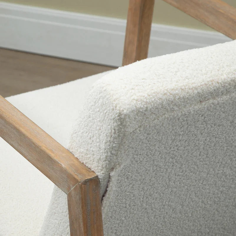 Poltrona Baloiço Estofada em Tecido Borreguito Poltrona Baloiço com Assento Acolchoado Apoio para os Braços e Pés de Madeira de Borracha para Sala de Estar Dormitório 60x81x71cm Creme
