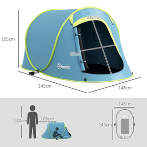 Tenda de Campismo para 1-2 Pessoas Tenda de Campismo Impermeável de 2000 mm com Bolsa de Transporte para Campismo Pesca Trekking 245x148x105 cm Azul