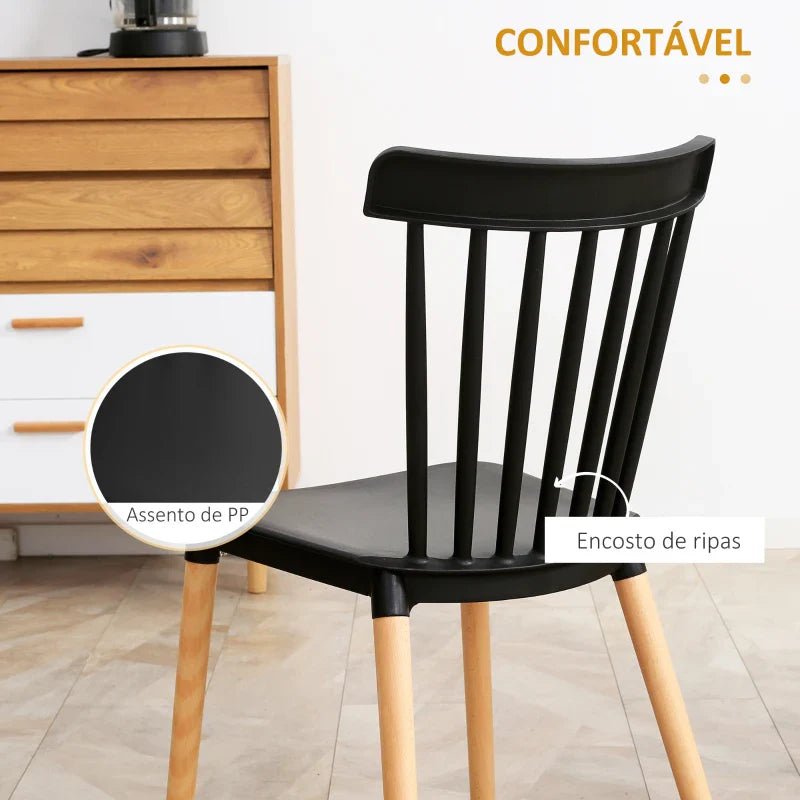Conjunto de 4 Cadeiras Estilo Nórdico Cadeiras de Cozinha com Encosto Alto Assento de Polipropileno e Pés de Madeira de Faia Carga Máx. 120kg 48x52,5x83cm Preto e Madeira