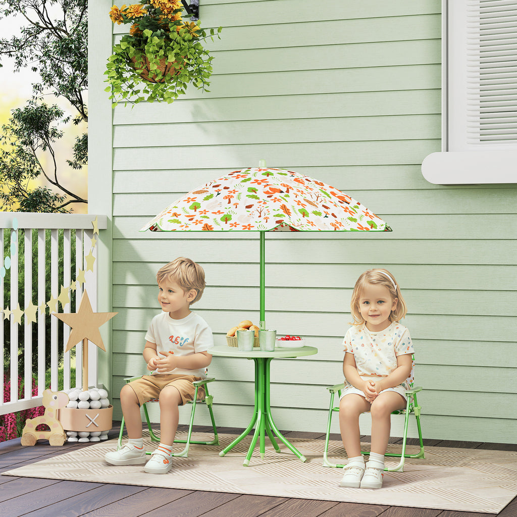 AIYAPLAY Conjunto de Mesa e Cadeiras para Crianças de Jardim Mesa Infantil com Cadeiras Dobráveis Chapéu de Sol Ajustável e Desenho de Raposas para Pátio Piquenique Verde