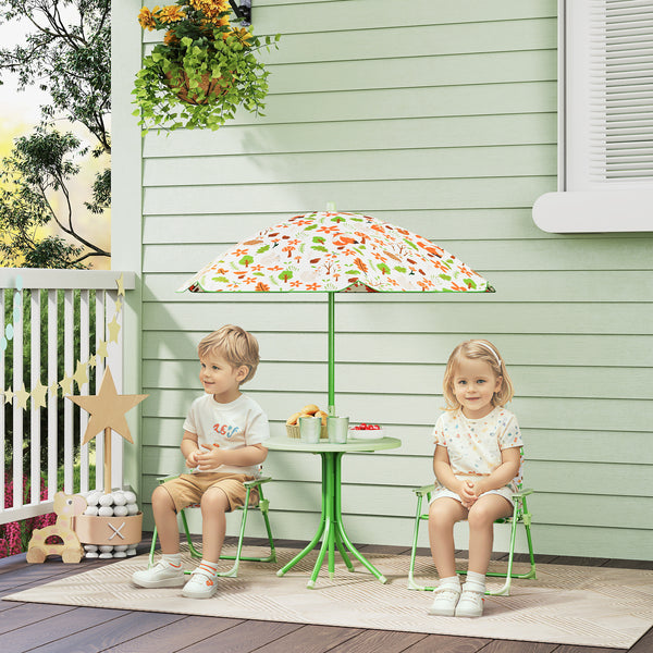 AIYAPLAY Conjunto de Mesa e Cadeiras para Crianças de Jardim Mesa Infantil com Cadeiras Dobráveis Chapéu de Sol Ajustável e Desenho de Raposas para Pátio Piquenique Verde