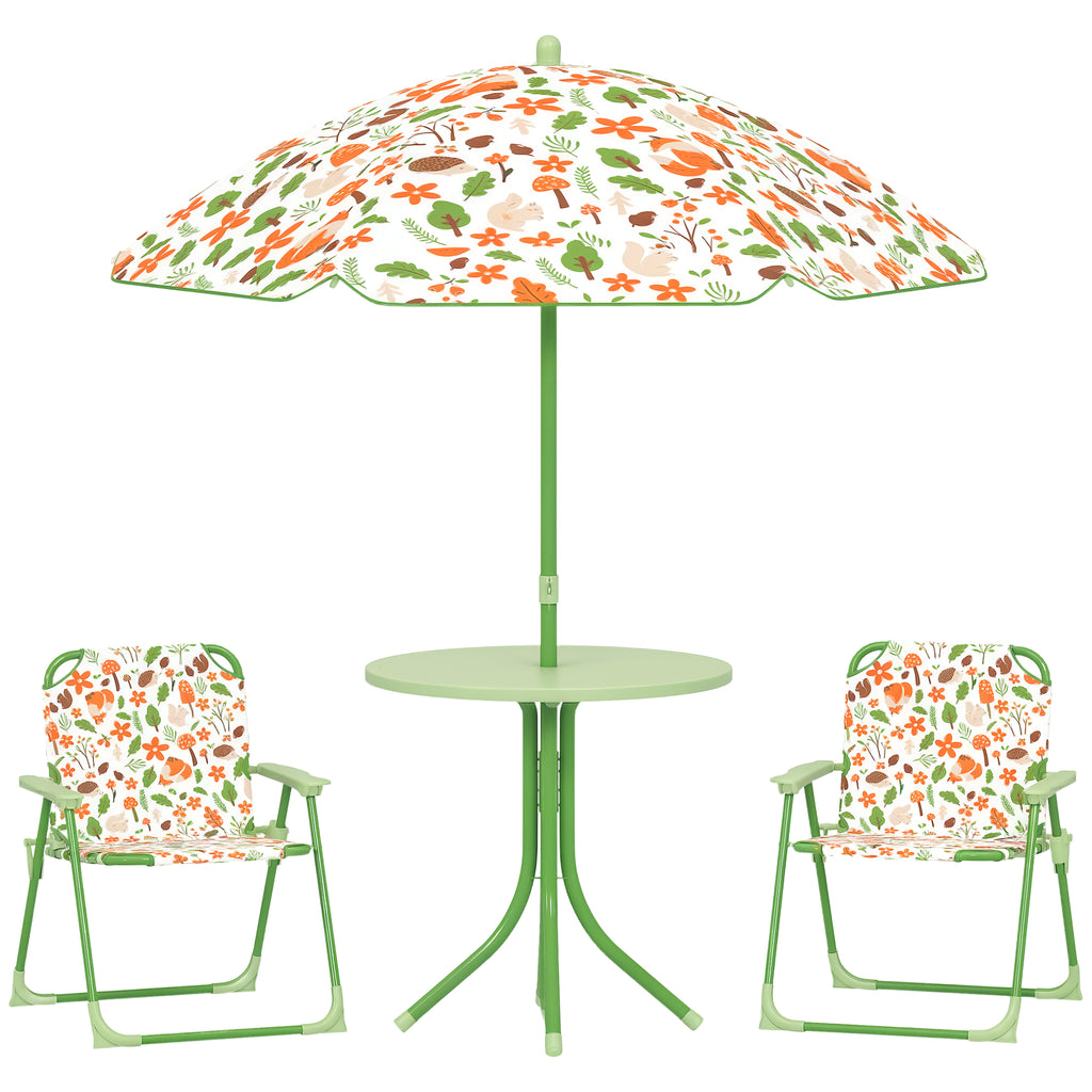 AIYAPLAY Conjunto de Mesa e Cadeiras para Crianças de Jardim Mesa Infantil com Cadeiras Dobráveis Chapéu de Sol Ajustável e Desenho de Raposas para Pátio Piquenique Verde