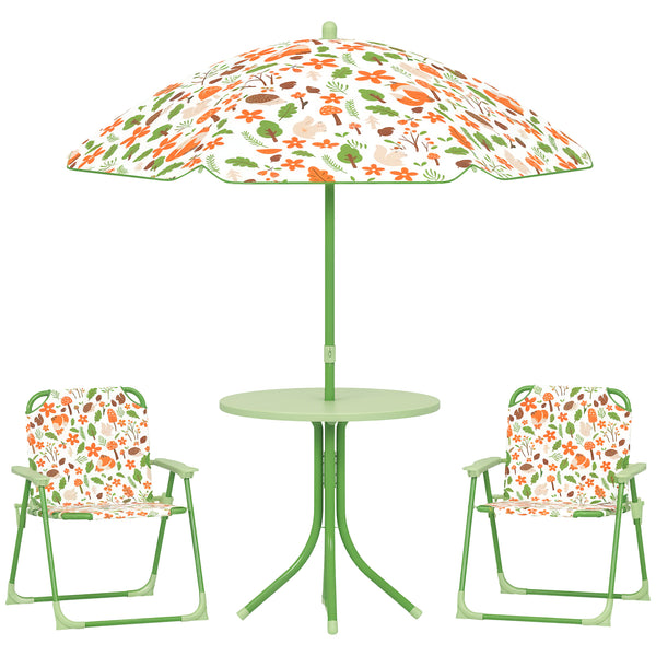AIYAPLAY Conjunto de Mesa e Cadeiras para Crianças de Jardim Mesa Infantil com Cadeiras Dobráveis Chapéu de Sol Ajustável e Desenho de Raposas para Pátio Piquenique Verde