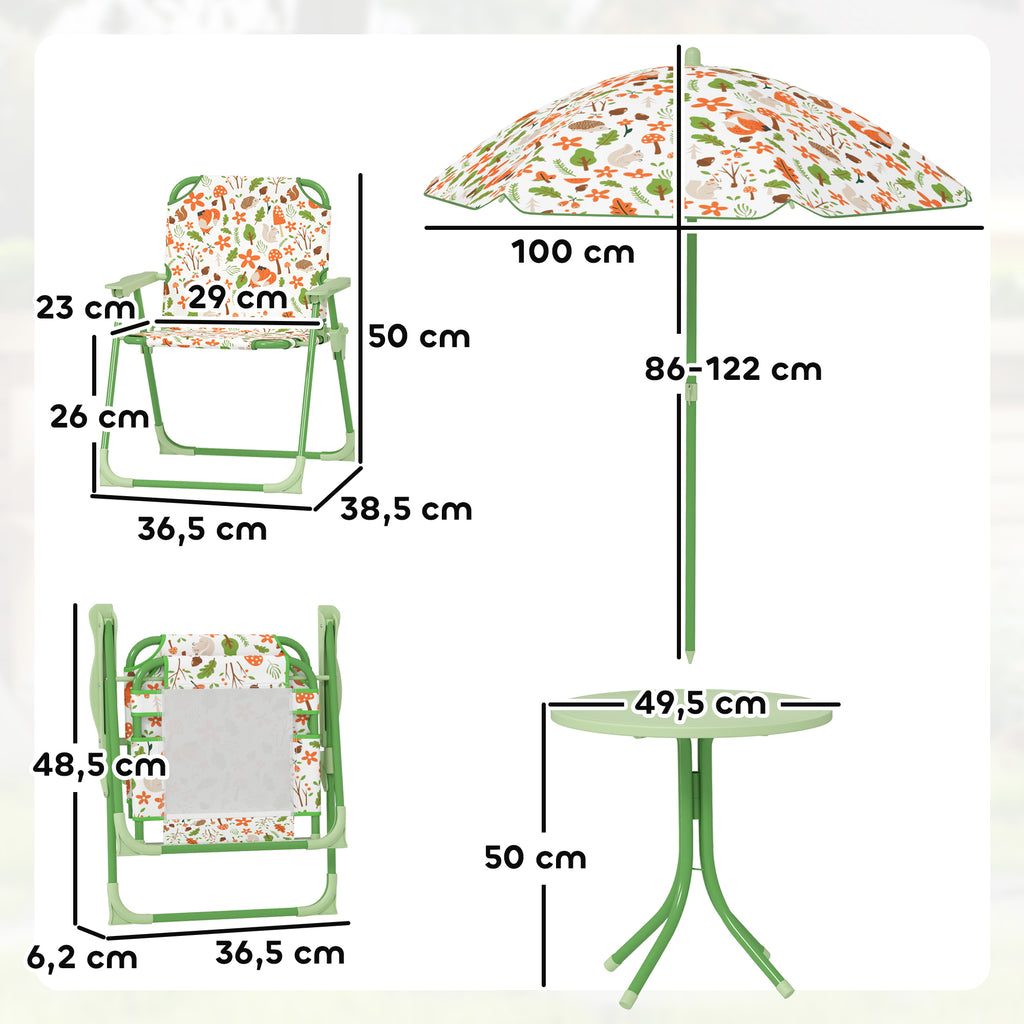 AIYAPLAY Conjunto de Mesa e Cadeiras para Crianças de Jardim Mesa Infantil com Cadeiras Dobráveis Chapéu de Sol Ajustável e Desenho de Raposas para Pátio Piquenique Verde
