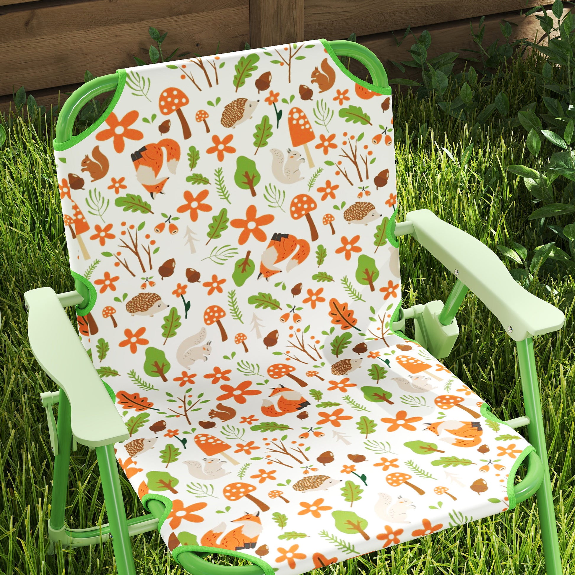 AIYAPLAY Conjunto de Mesa e Cadeiras para Crianças de Jardim Mesa Infantil com Cadeiras Dobráveis Chapéu de Sol Ajustável e Desenho de Raposas para Pátio Piquenique Verde