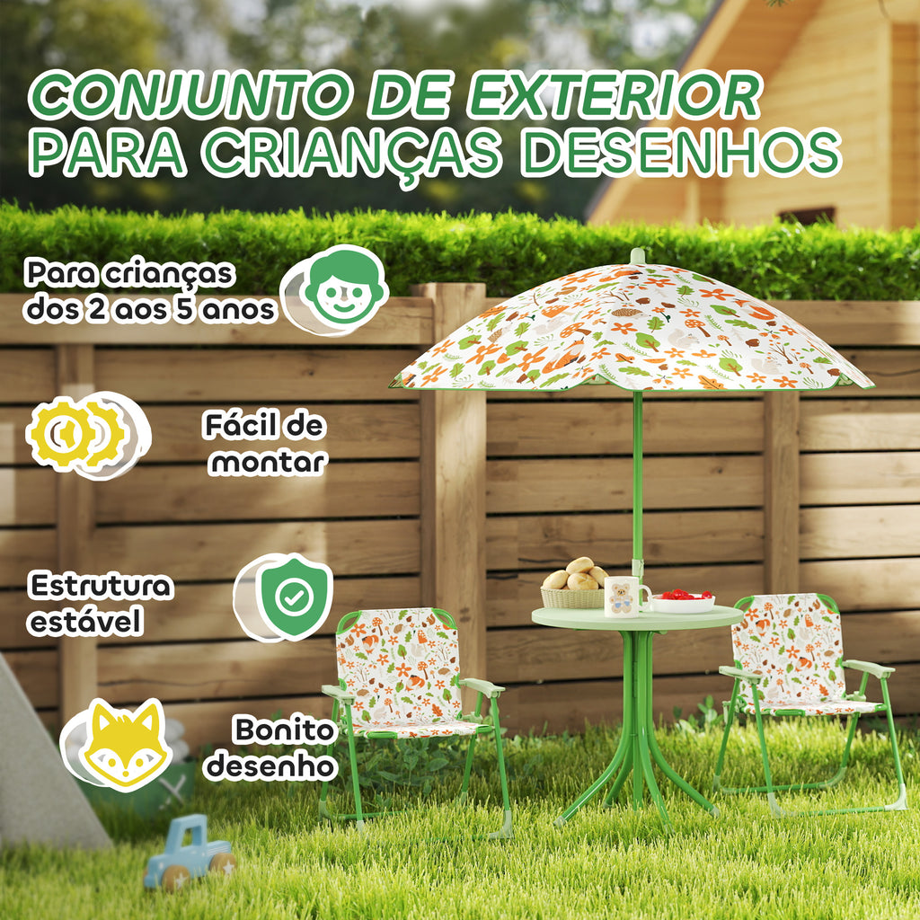AIYAPLAY Conjunto de Mesa e Cadeiras para Crianças de Jardim Mesa Infantil com Cadeiras Dobráveis Chapéu de Sol Ajustável e Desenho de Raposas para Pátio Piquenique Verde