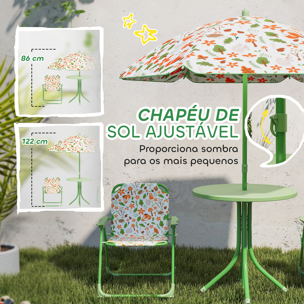 AIYAPLAY Conjunto de Mesa e Cadeiras para Crianças de Jardim Mesa Infantil com Cadeiras Dobráveis Chapéu de Sol Ajustável e Desenho de Raposas para Pátio Piquenique Verde