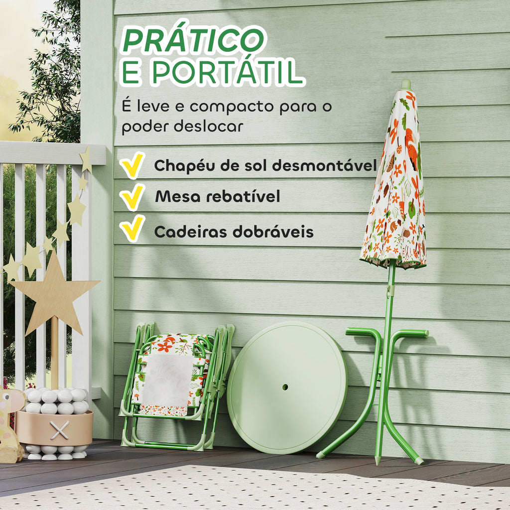 AIYAPLAY Conjunto de Mesa e Cadeiras para Crianças de Jardim Mesa Infantil com Cadeiras Dobráveis Chapéu de Sol Ajustável e Desenho de Raposas para Pátio Piquenique Verde