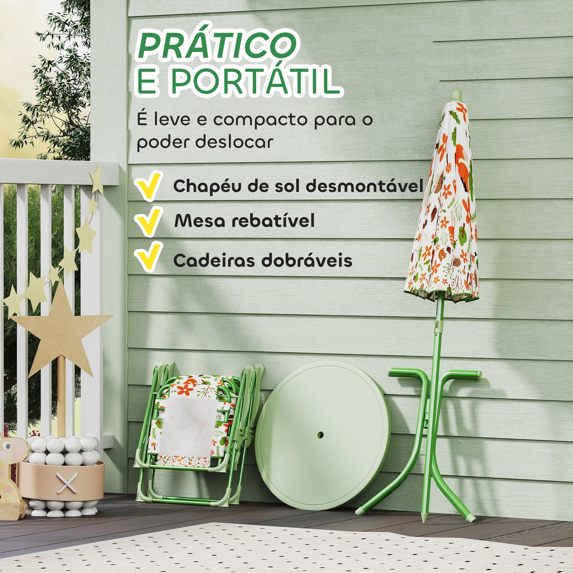 AIYAPLAY Conjunto de Mesa e Cadeiras para Crianças de Jardim Mesa Infantil com Cadeiras Dobráveis Chapéu de Sol Ajustável e Desenho de Raposas para Pátio Piquenique Verde