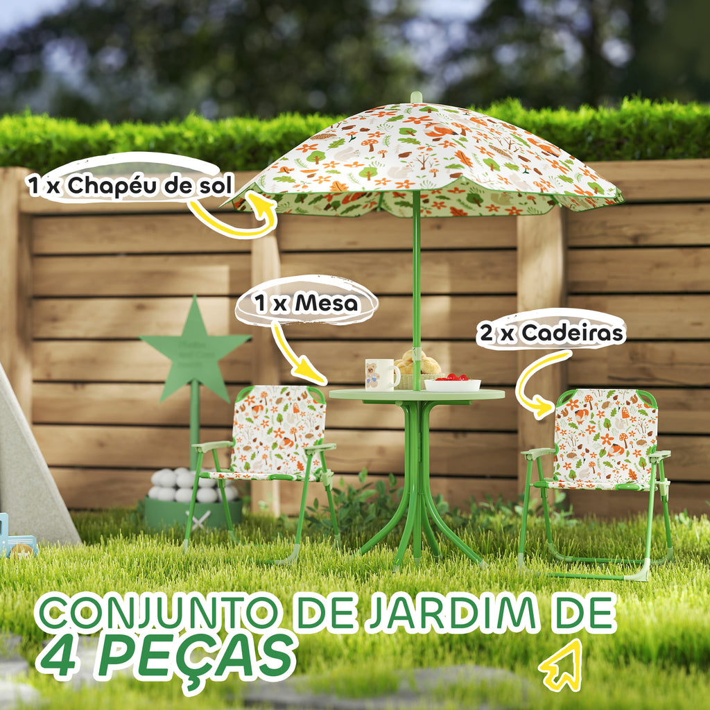 AIYAPLAY Conjunto de Mesa e Cadeiras para Crianças de Jardim Mesa Infantil com Cadeiras Dobráveis Chapéu de Sol Ajustável e Desenho de Raposas para Pátio Piquenique Verde