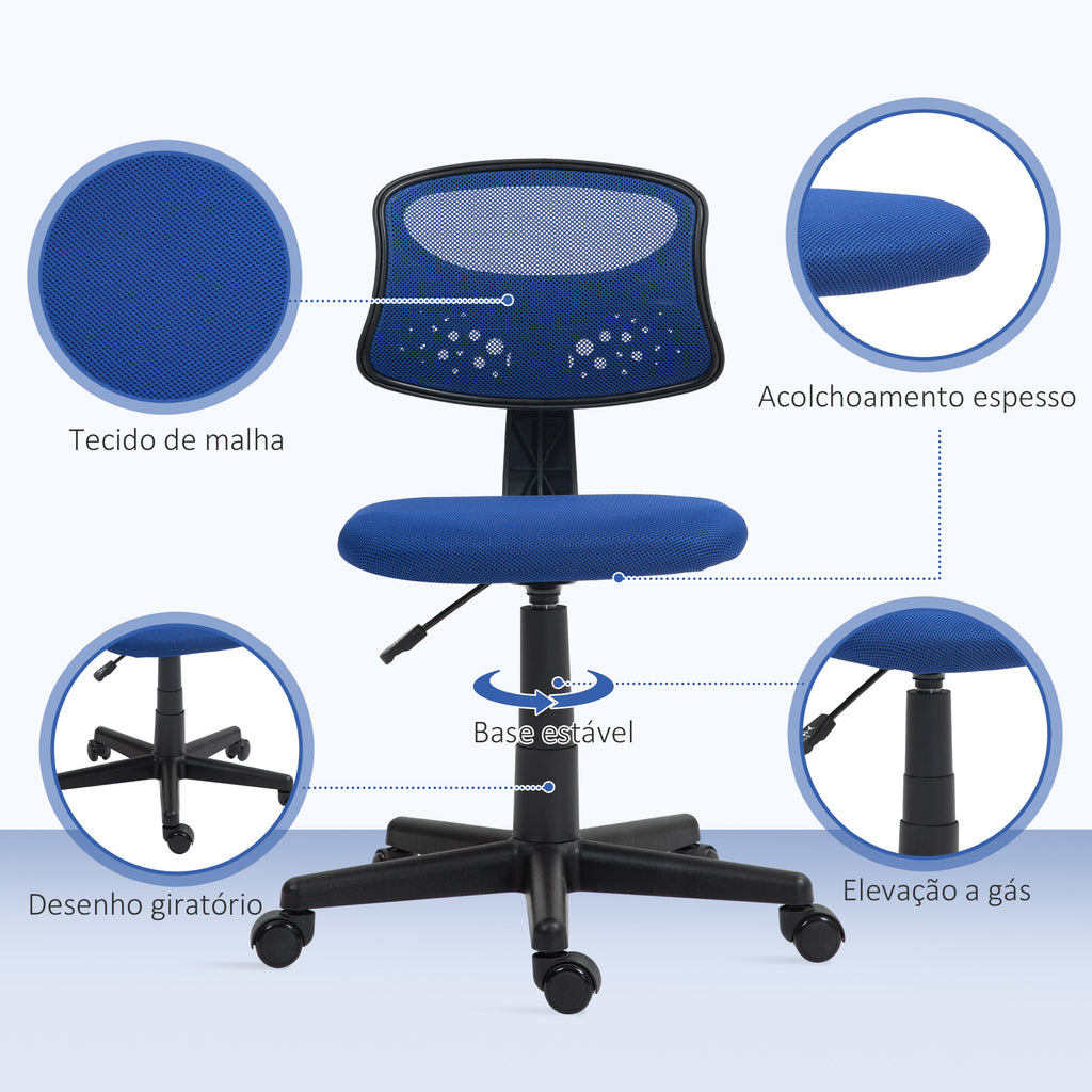 Cadeira de Escritório sem Apoio para os Braços Cadeira de Escritório Giratória com Encosto de Malha Respirável Altura Ajustável Carga 120 kg 43x48x78-88 cm Azul