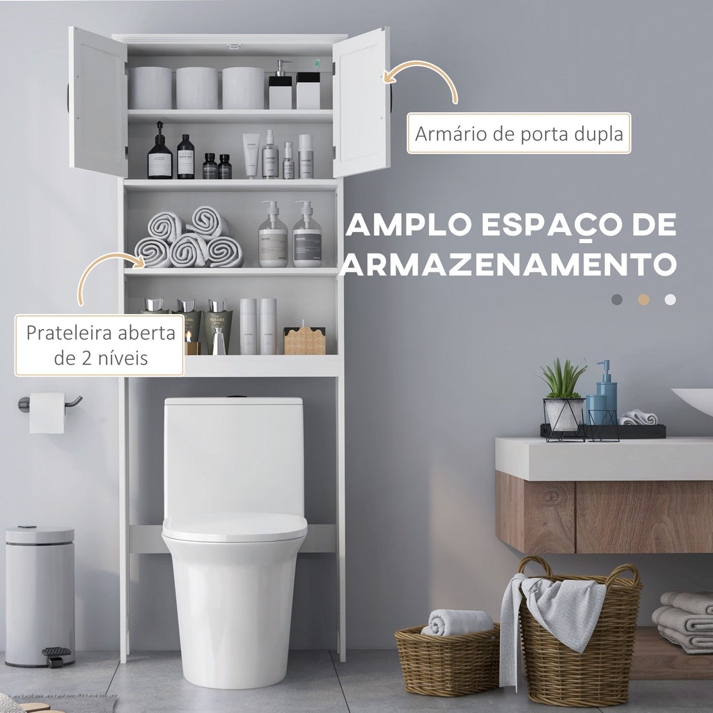 Móvel sobre Sanita Armário para Máquina de Lavar com 2 Portas Prateleiras Abertas e Prateleira Ajustável Móvel para Casa de Banho 66x23x178 cm Branco