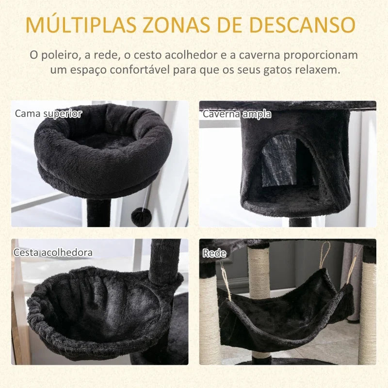 PawHut Árvore Arranhador para Gatos Grande Altura 153cm Torre de Escalada para Gatos com Caverna Redes Plataformas Postes Arranhadores de Sisal e Bola Suspensa Cinza Escuro