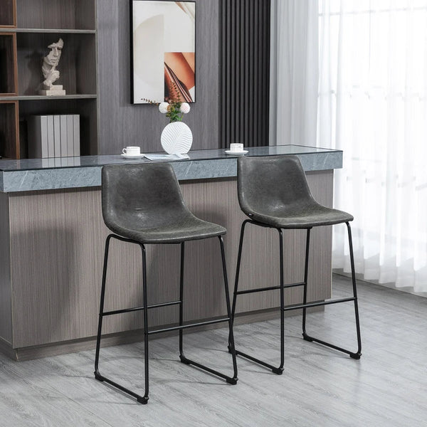 Conjunto de 2 Bancos Altos de Cozinha Estofado em PU Bancos de Bar com Encosto Pés de Aço e Apoio para os Pés para Sala de Estar Cara Máxima 110kg 47x54x99cm Cinza Escuro
