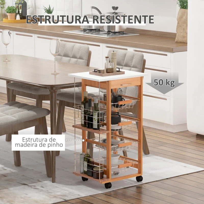 Carrinho de Cozinha com Rodas Carrinho Auxiliar com Gaveta 4 Cestas Amovíveis de Metal e Prateleiras Laterais 47x37x83 cm Madeira