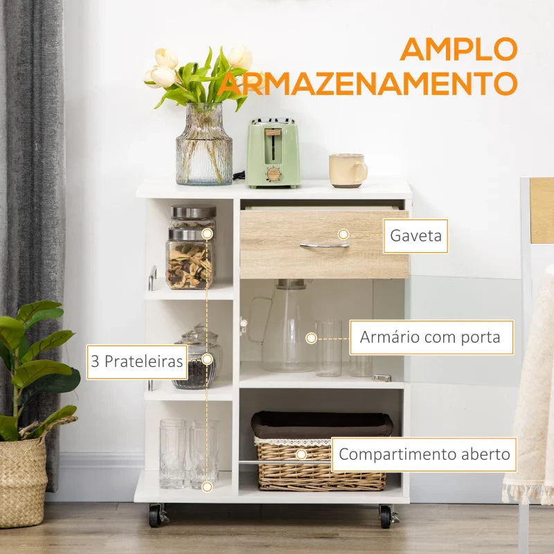 Carrinho de Cozinha com 1 Gaveta Porta de Vidro e Prateleiras Abertas Carrinho de Cozinha Auxiliar com Rodas para Sala de Estar Casa de Banho 65x39x80cm Madeira e Branco
