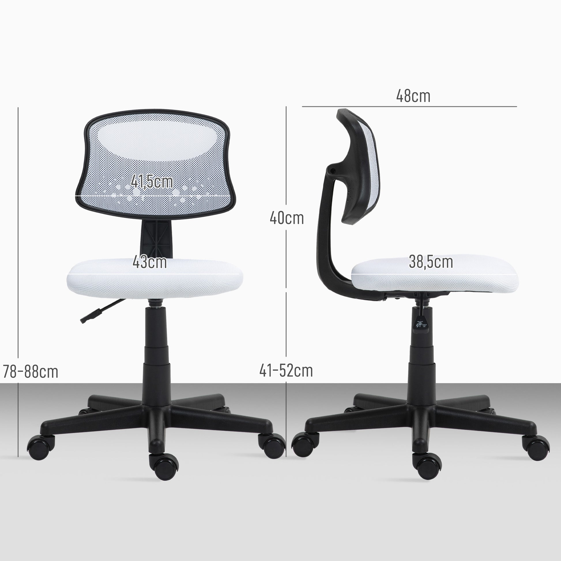 Cadeira de Escritório sem Apoio para os Braços Cadeira de Escritório Giratória com Encosto de Malha Respirável Altura Ajustável Carga 120 kg 43x48x78-88 cm Branco