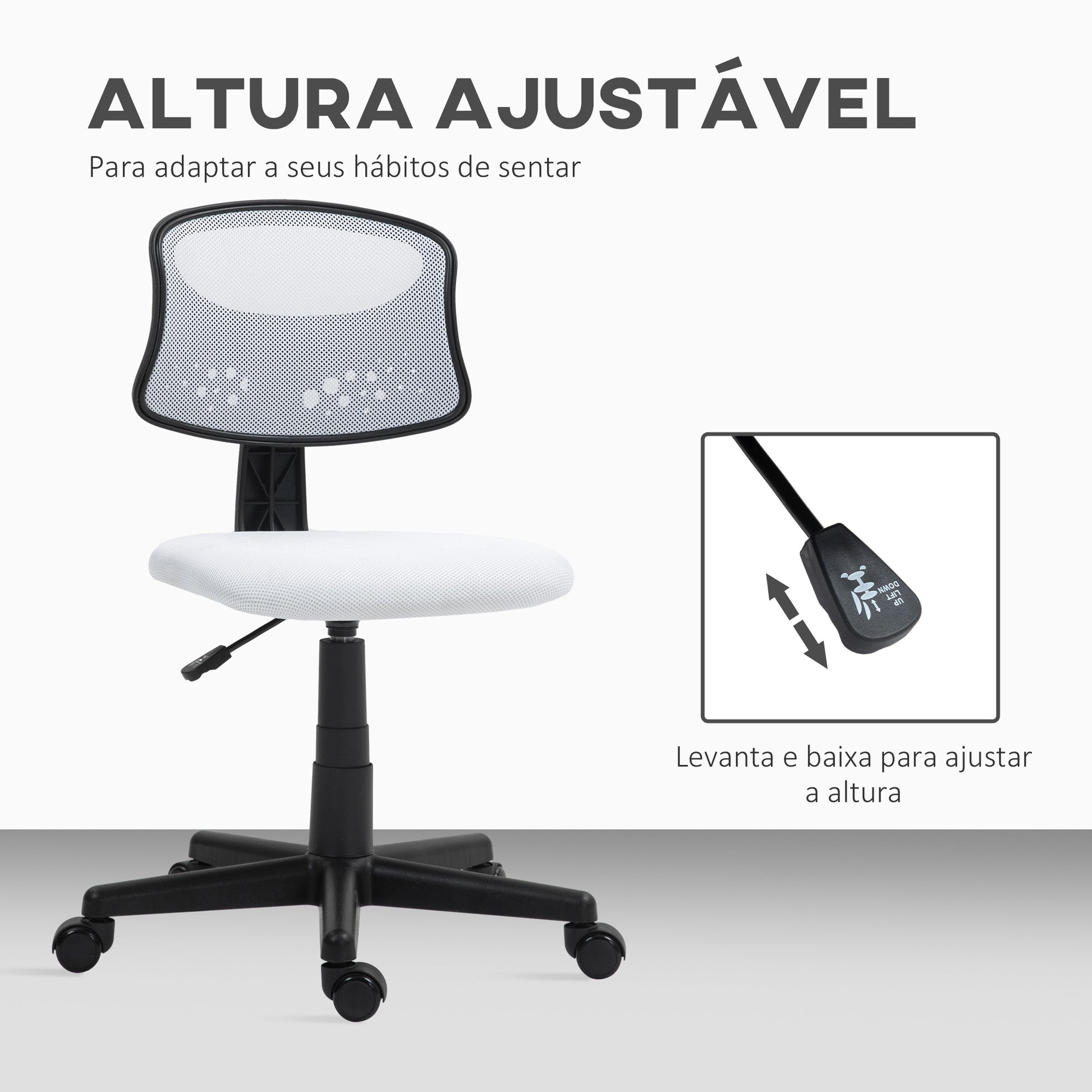Cadeira de Escritório sem Apoio para os Braços Cadeira de Escritório Giratória com Encosto de Malha Respirável Altura Ajustável Carga 120 kg 43x48x78-88 cm Branco