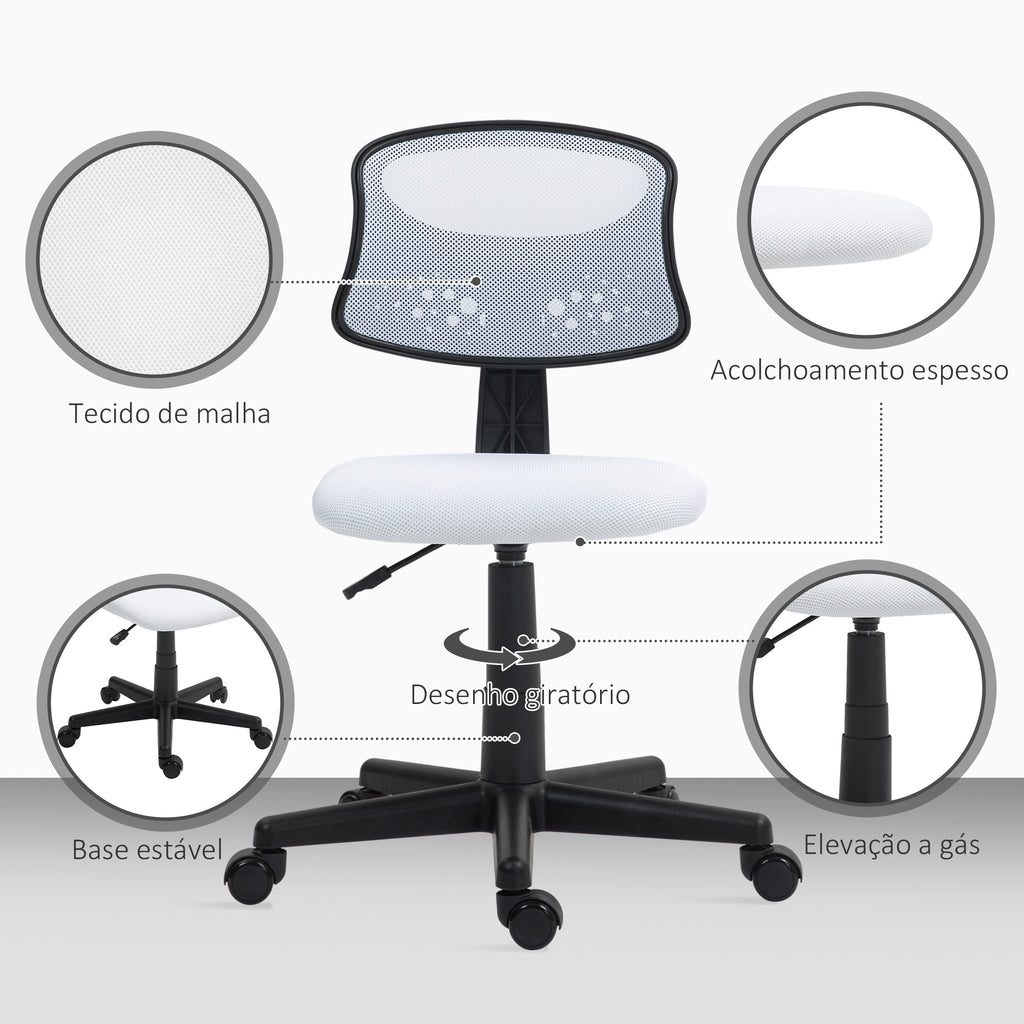 Cadeira de Escritório sem Apoio para os Braços Cadeira de Escritório Giratória com Encosto de Malha Respirável Altura Ajustável Carga 120 kg 43x48x78-88 cm Branco