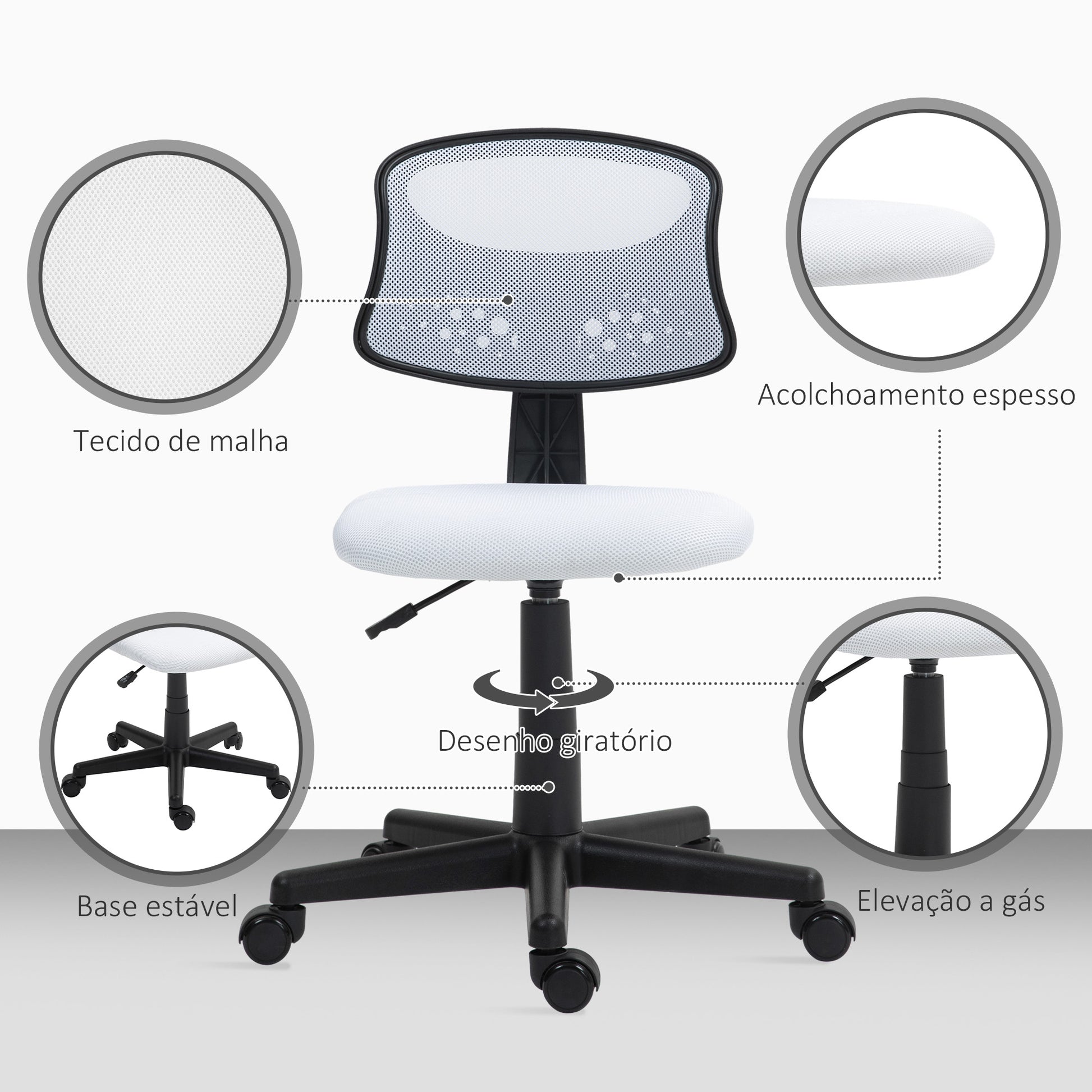Cadeira de Escritório sem Apoio para os Braços Cadeira de Escritório Giratória com Encosto de Malha Respirável Altura Ajustável Carga 120 kg 43x48x78-88 cm Branco
