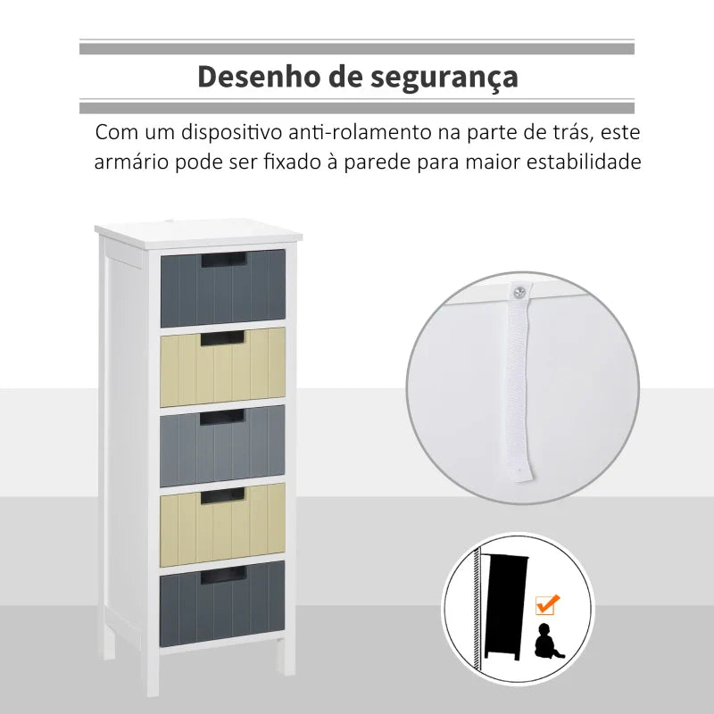 Cómoda de Madeira com 5 Gavetas Cómoda Auxiliar de Armazenamento com Pés Elevados Estilo Moderno para Dormitório Sala de Estar Casa de Banho 35x28x90,5cm Multicor