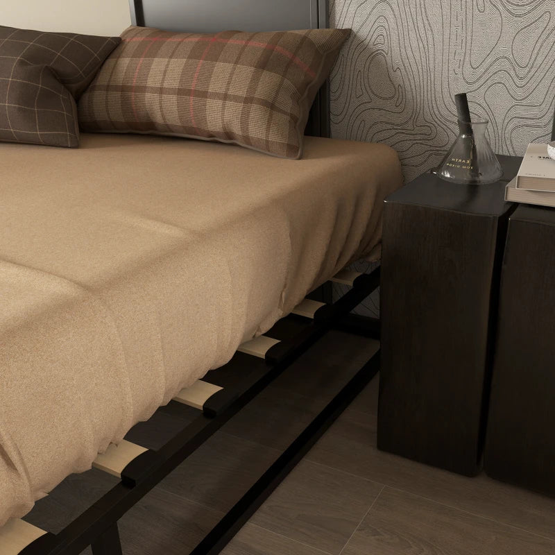 Estrutura de Cama de Aço Altura 25 cm Estrado de Cama para Colchão 180x200 cm com Ripas de Madeira para 1-2 Pessoas Estilo Moderno Preto