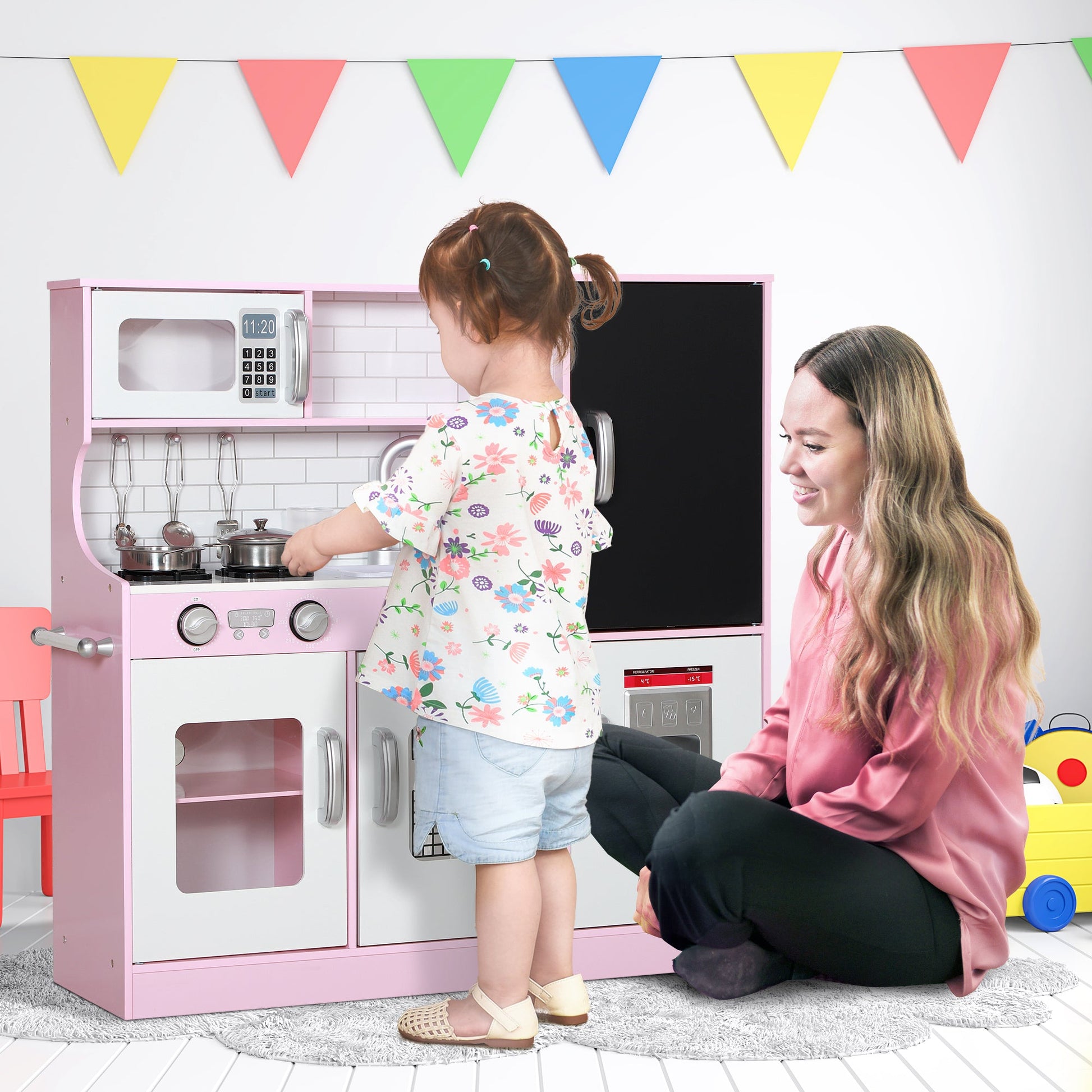 AIYAPLAY Cozinha de Brincar para Crianças acima de 3 anos Cozinha Infantil de Madeira com Acessórios Máquina de Gelo Ardósia e Telefone 83,8x26,8x81 cm Rosa