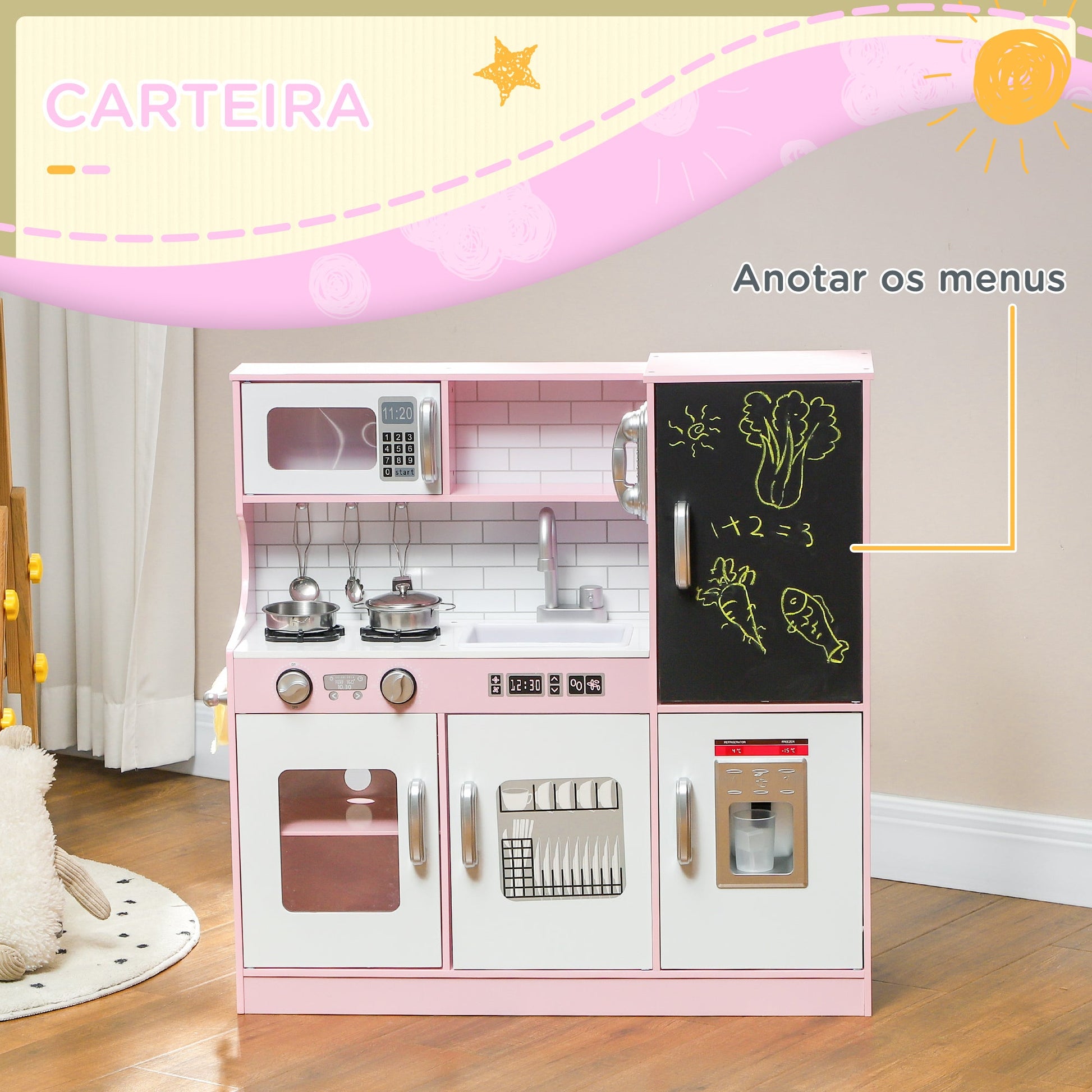 AIYAPLAY Cozinha de Brincar para Crianças acima de 3 anos Cozinha Infantil de Madeira com Acessórios Máquina de Gelo Ardósia e Telefone 83,8x26,8x81 cm Rosa