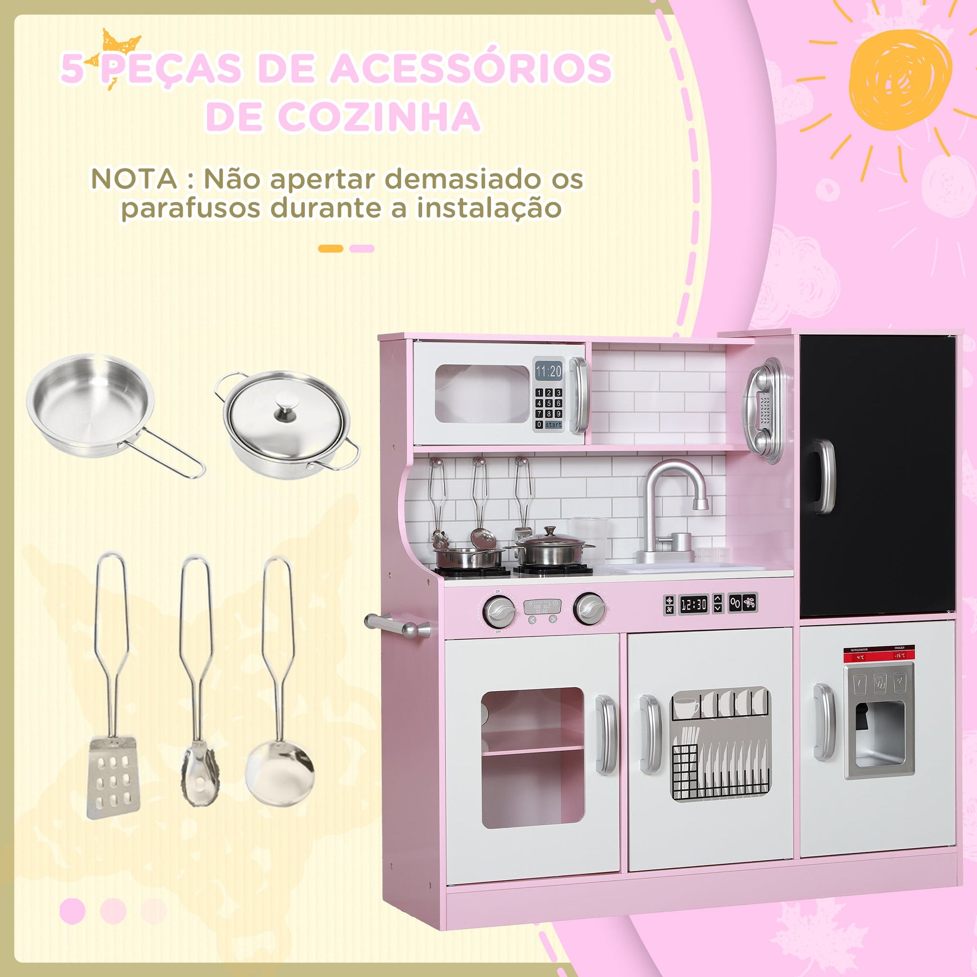 AIYAPLAY Cozinha de Brincar para Crianças acima de 3 anos Cozinha Infantil de Madeira com Acessórios Máquina de Gelo Ardósia e Telefone 83,8x26,8x81 cm Rosa