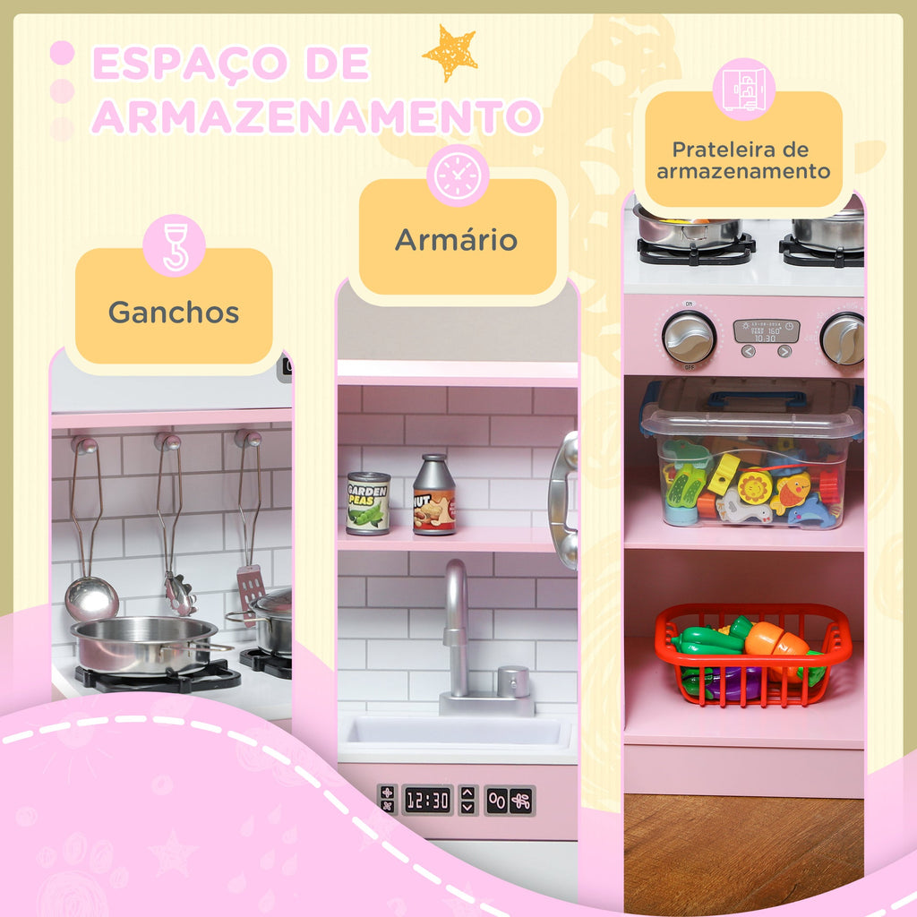 AIYAPLAY Cozinha de Brincar para Crianças acima de 3 anos Cozinha Infantil de Madeira com Acessórios Máquina de Gelo Ardósia e Telefone 83,8x26,8x81 cm Rosa