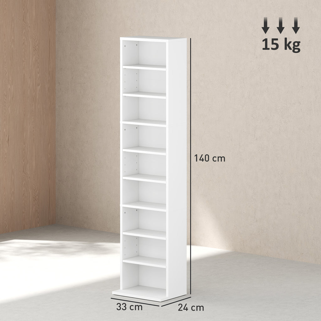 Estante para CDs e DVDs Suportes para CD Estreitos com 9 Compartimentos Prateleiras Ajustáveis para Sala Escritório 33x24x140 cm Branco