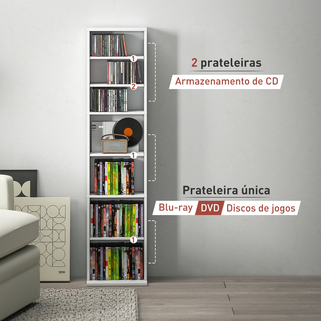Estante para CDs e DVDs Suportes para CD Estreitos com 9 Compartimentos Prateleiras Ajustáveis para Sala Escritório 33x24x140 cm Branco