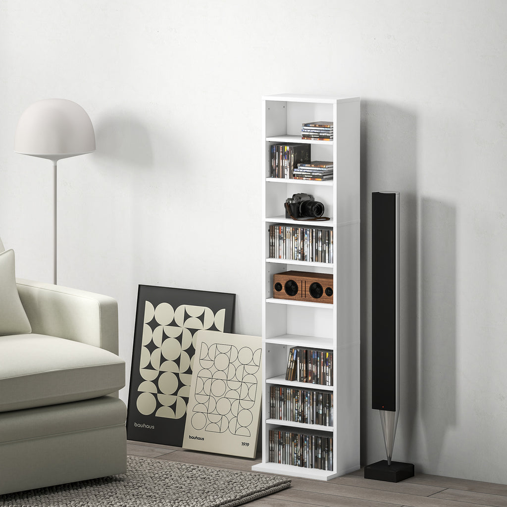 Estante para CDs e DVDs Suportes para CD Estreitos com 9 Compartimentos Prateleiras Ajustáveis para Sala Escritório 33x24x140 cm Branco