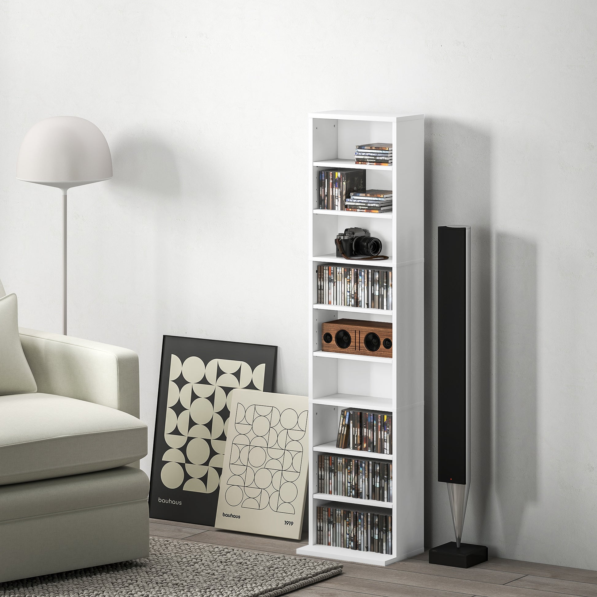 Estante para CDs e DVDs Suportes para CD Estreitos com 9 Compartimentos Prateleiras Ajustáveis para Sala Escritório 33x24x140 cm Branco