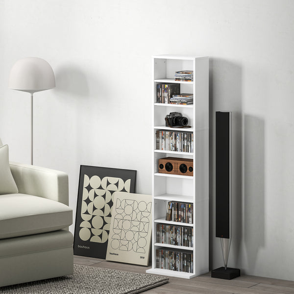 Estante para CDs e DVDs Suportes para CD Estreitos com 9 Compartimentos Prateleiras Ajustáveis para Sala Escritório 33x24x140 cm Branco