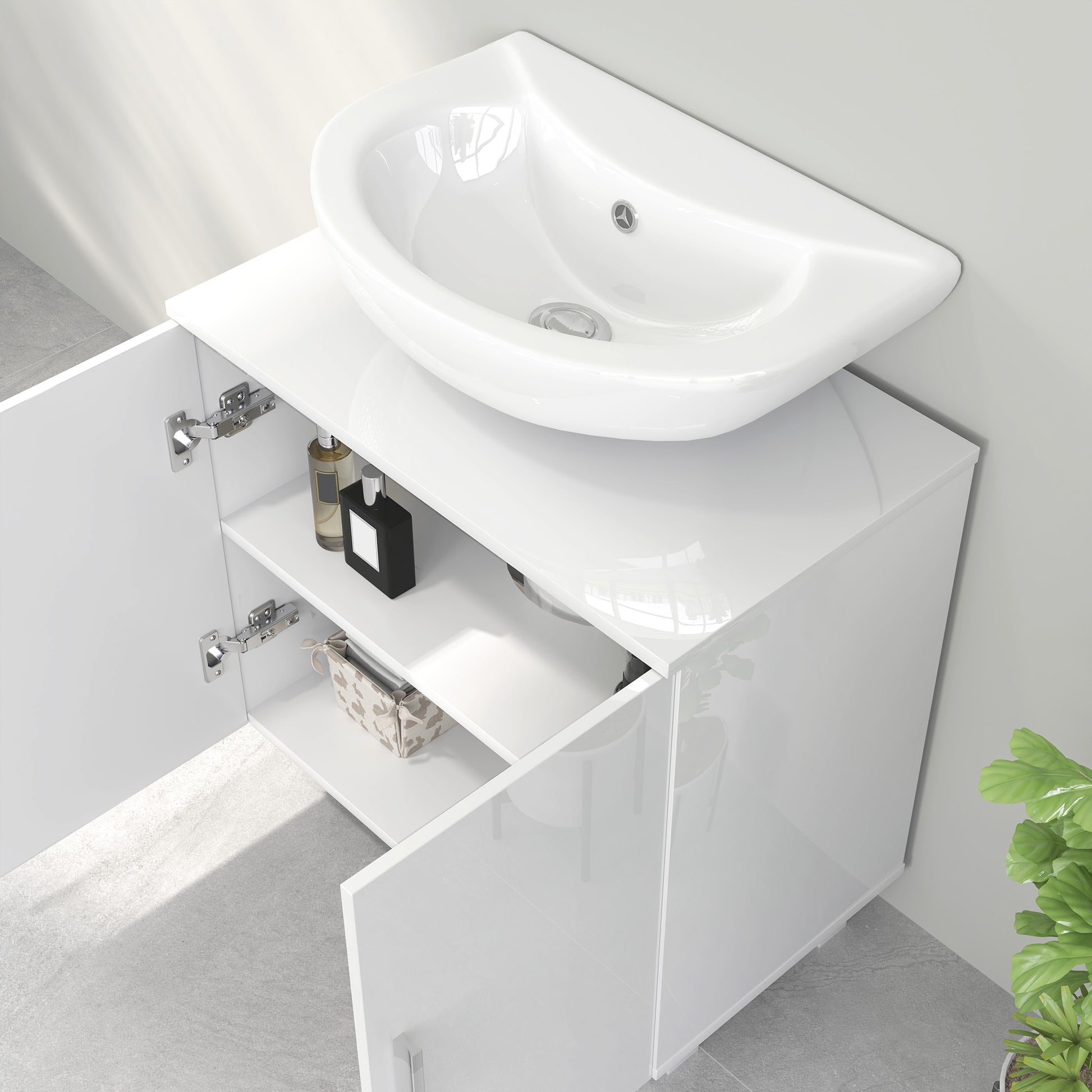 Móvel para Lavatório Pousar Armário Casa de Banho para Lavatório com 2 Portas de MDF 2 Prateleiras e Sistema Anti-Tombo 60x35x60 cm Branco