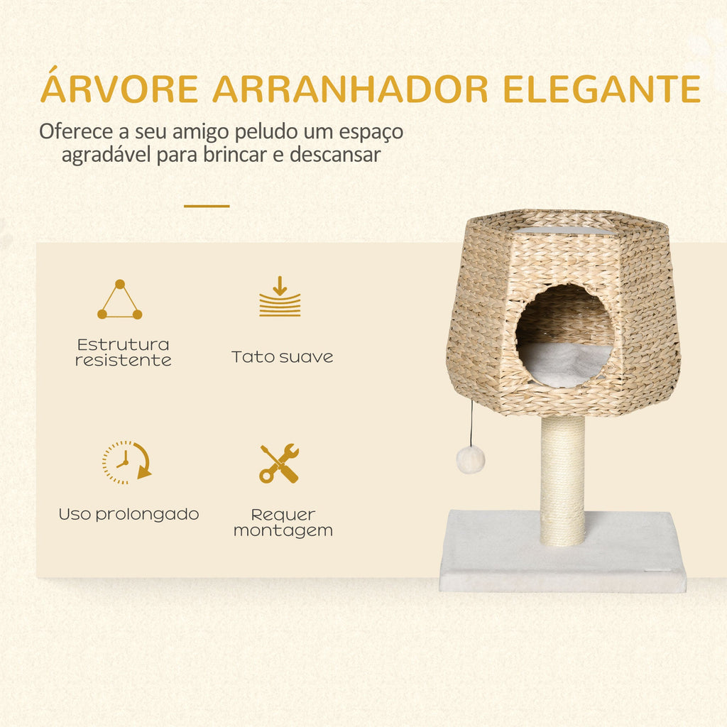 PawHut Árvore Arranhador para Gatos Pequena Altura 66cm Torre de Escalada para Gatos com Caverna de Junco Cama Superior Almofadas Poste Arranhador de Sisal e Bola Suspensa Creme e Natural