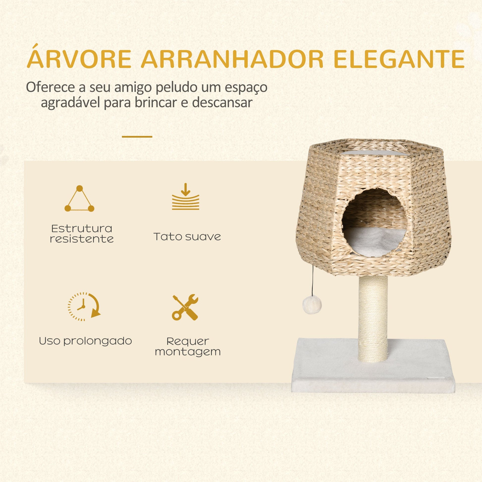 PawHut Árvore Arranhador para Gatos Pequena Altura 66cm Torre de Escalada para Gatos com Caverna de Junco Cama Superior Almofadas Poste Arranhador de Sisal e Bola Suspensa Creme e Natural