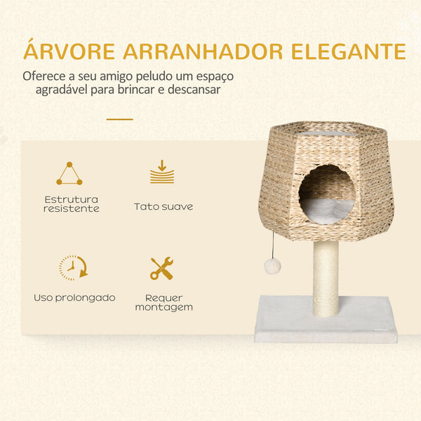 PawHut Árvore Arranhador para Gatos Pequena Altura 66cm Torre de Escalada para Gatos com Caverna de Junco Cama Superior Almofadas Poste Arranhador de Sisal e Bola Suspensa Creme e Natural