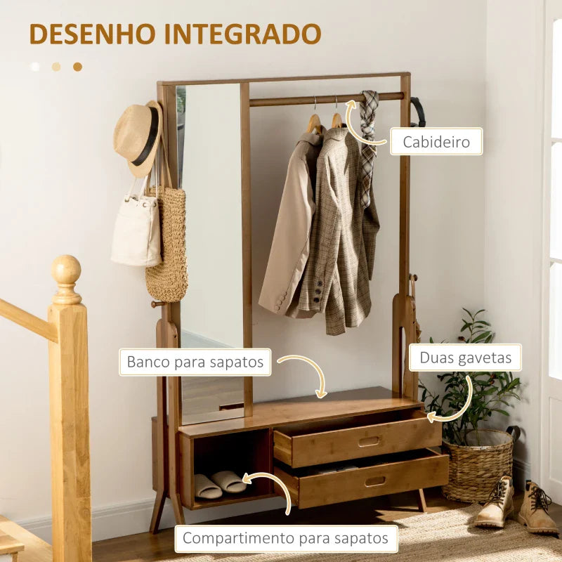 Móvel Cabide de Entrada com Banco Móvel de Entrada Estilo Industrial com Espelho 2 Gavetas 4 Ganchos Barra e Compartimento de Armazenamento para Dormitório Corredor 113x33x169,5cm Marrom