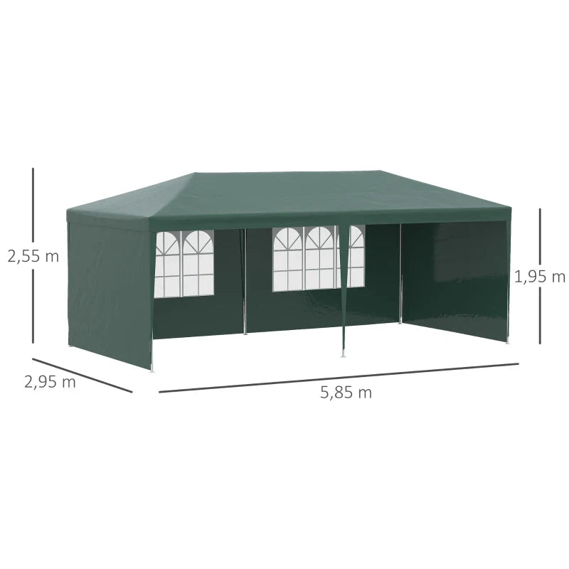 Tenda para Festas 585x295x255 cm com 4 Paredes Laterais e 2 Janelas Pérgola de Exterior com Estrutura de Aço para Festas Eventos Casamentos Verde