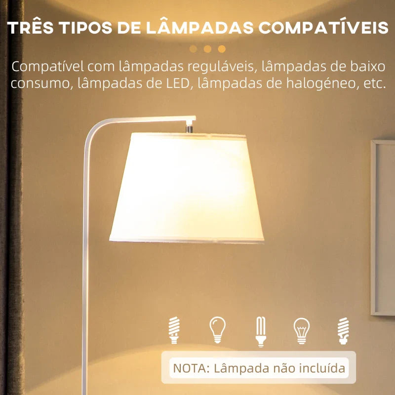 Candeeiro de Pé Moderno com Prateleira Candeeiro com Prateleira Suporte para Lâmpada E27 Máx. 40W com Ecrã de Linho Interruptor de Pé para Sala de Estar Dormitório Ø37x162cm Branco e Madeira